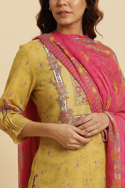 Yellow Floral Printed Kurta, Pants And Pink Dupatta Set - wforwoman