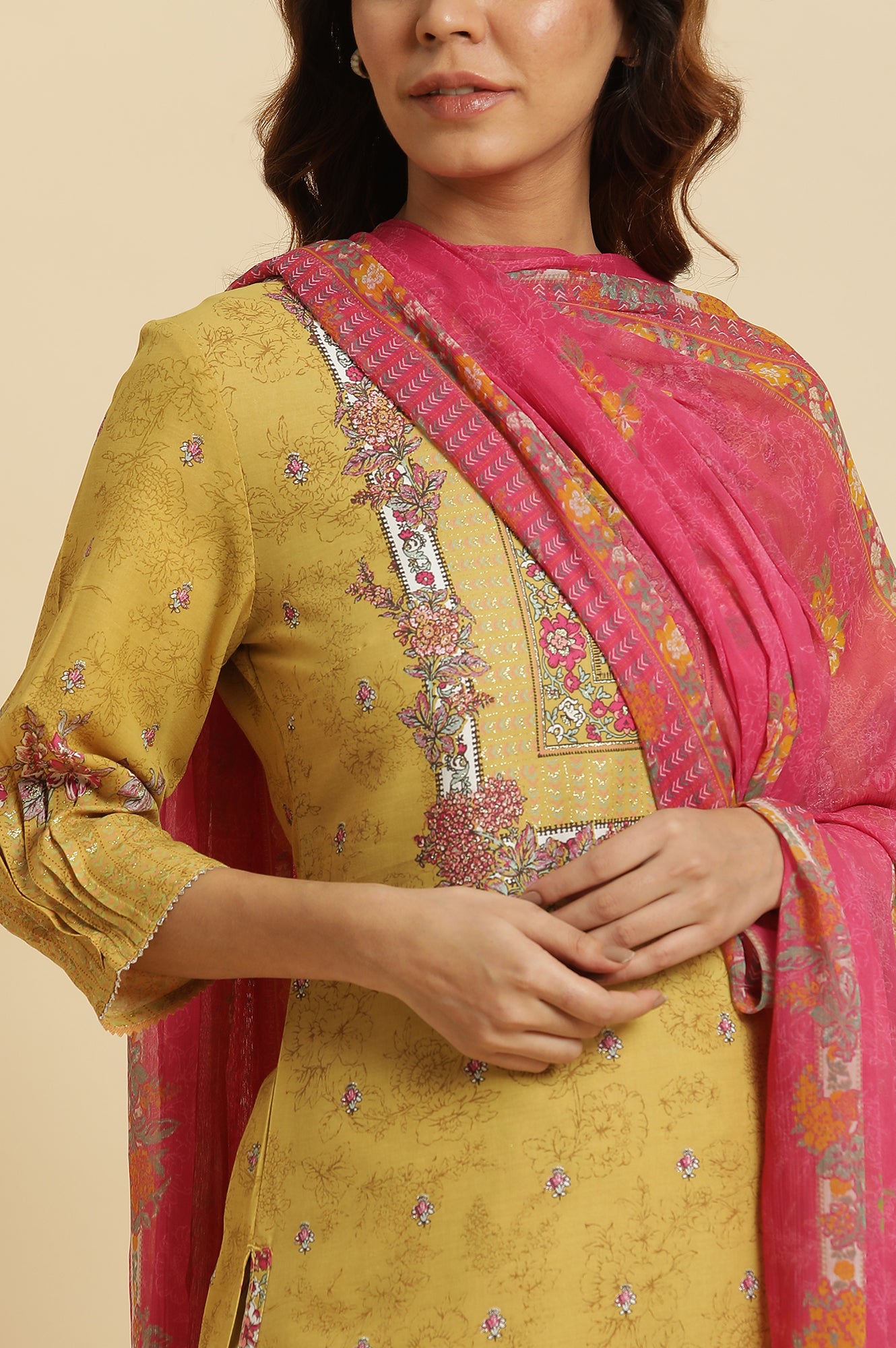 Yellow Floral Printed Kurta, Pants And Pink Dupatta Set - wforwoman