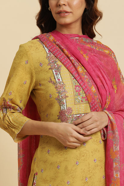 Yellow Floral Printed Kurta, Pants And Pink Dupatta Set - wforwoman