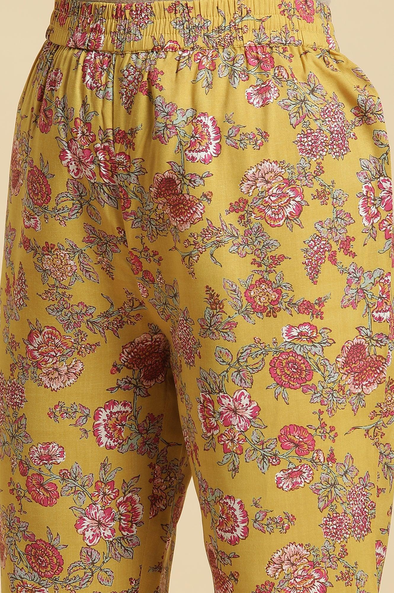 Yellow Floral Printed Kurta, Pants And Pink Dupatta Set - wforwoman