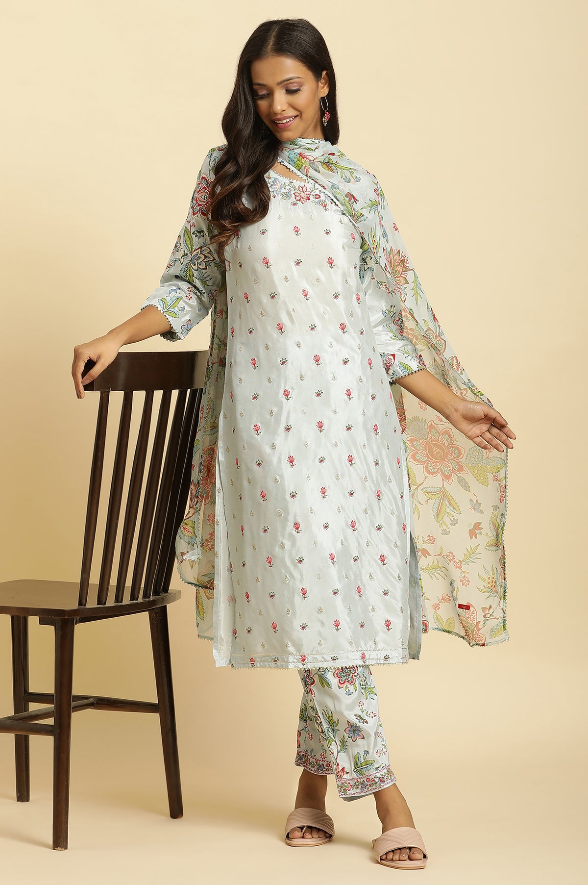 Sky Blue Floral Printed Kurta, Pants And Dupatta Set - XS