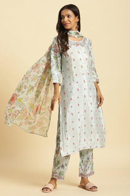 Sky Blue Floral Printed Kurta, Pants And Dupatta Set - wforwoman