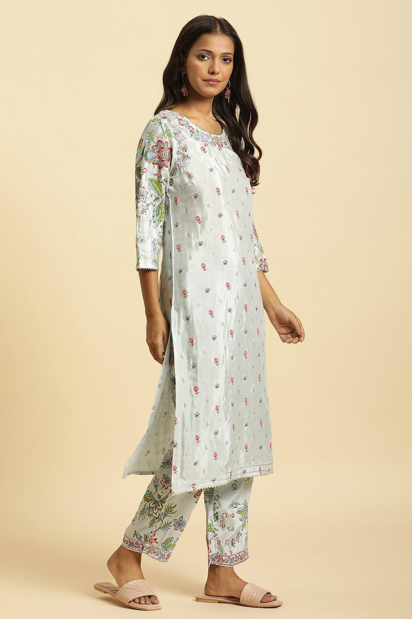 Sky Blue Floral Printed Kurta, Pants And Dupatta Set - wforwoman