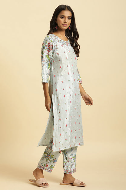 Sky Blue Floral Printed Kurta, Pants And Dupatta Set - wforwoman