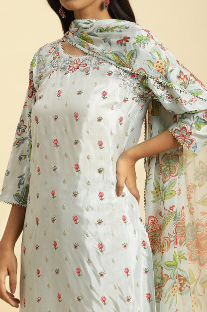 Sky Blue Floral Printed Kurta, Pants And Dupatta Set - wforwoman