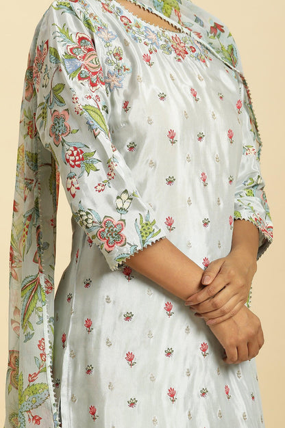 Sky Blue Floral Printed Kurta, Pants And Dupatta Set - wforwoman