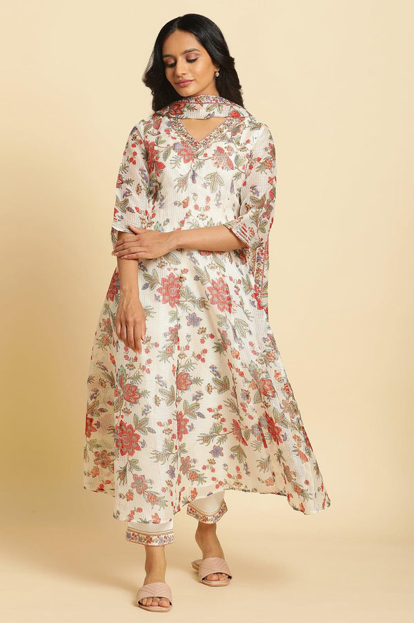 Ecru Printed Panelled Kurta, Pants And Dupatta Set