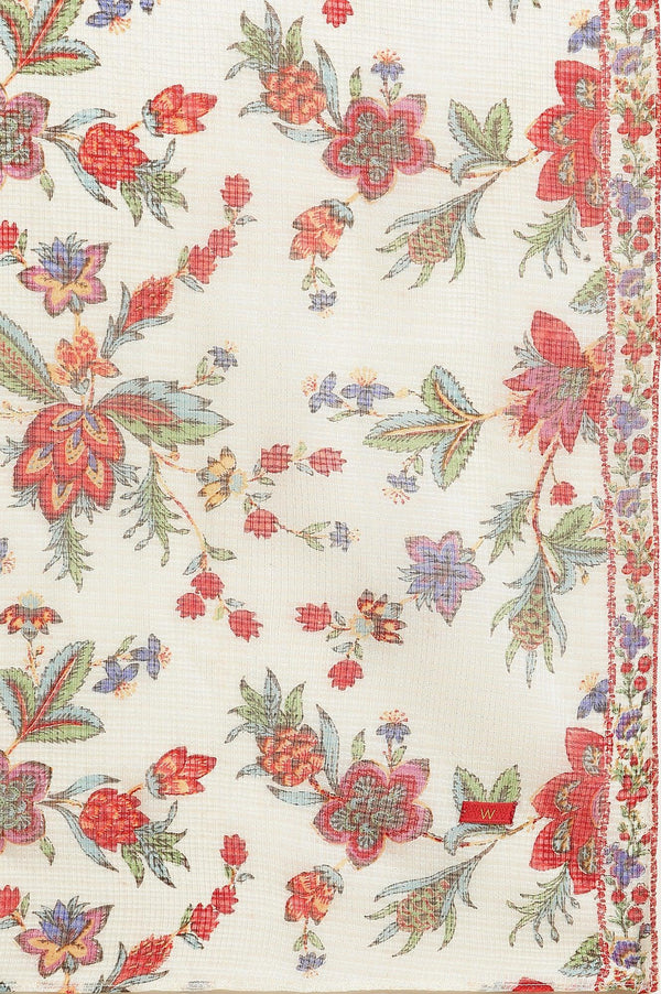 Ecru Printed Panelled Kurta, Pants And Dupatta Set