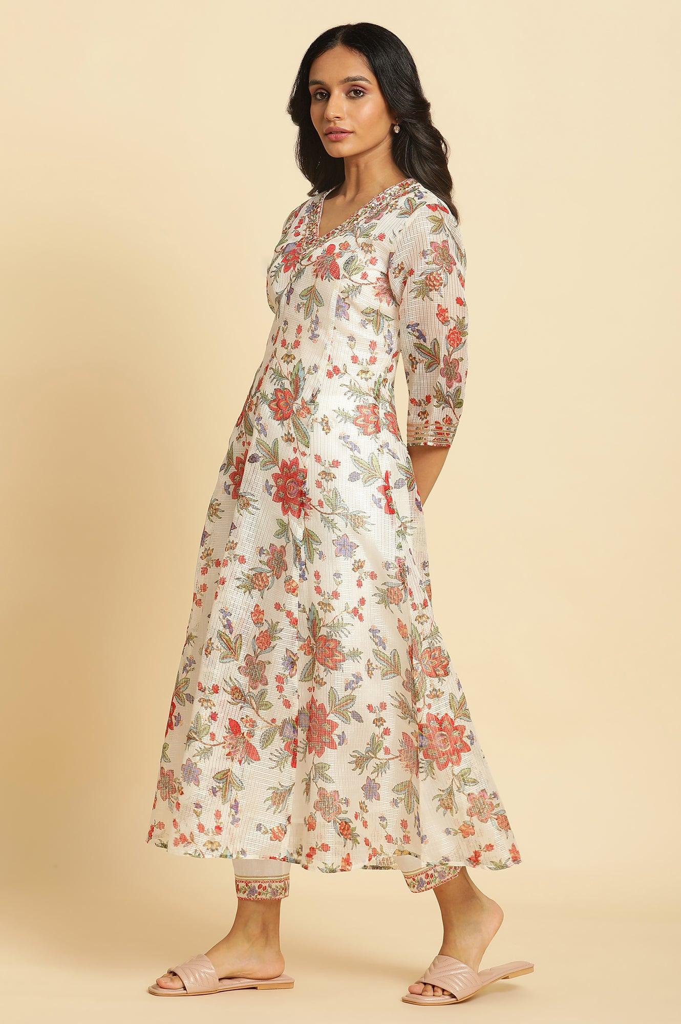 Ecru Printed Panelled Kurta, Pants And Dupatta Set - wforwoman