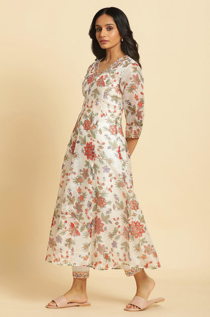Ecru Printed Panelled Kurta, Pants And Dupatta Set - wforwoman