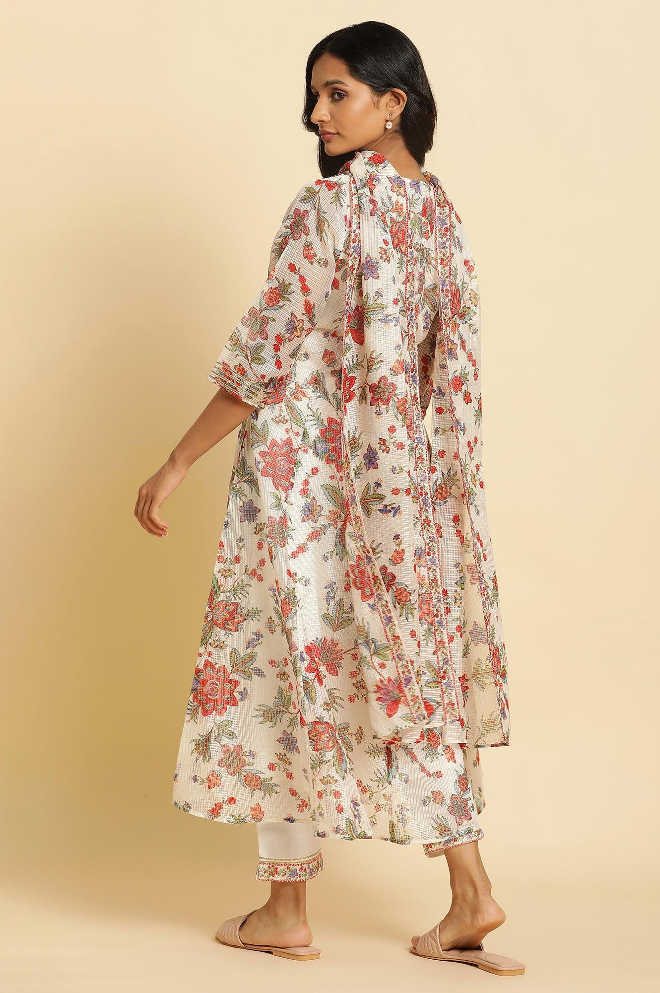 Ecru Printed Panelled Kurta, Pants And Dupatta Set - wforwoman