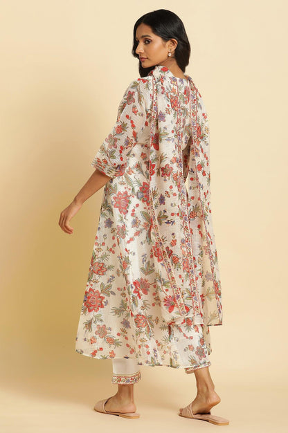 Ecru Printed Panelled Kurta, Pants And Dupatta Set - wforwoman