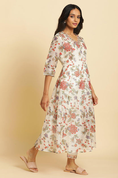 Ecru Printed Panelled Kurta, Pants And Dupatta Set - wforwoman