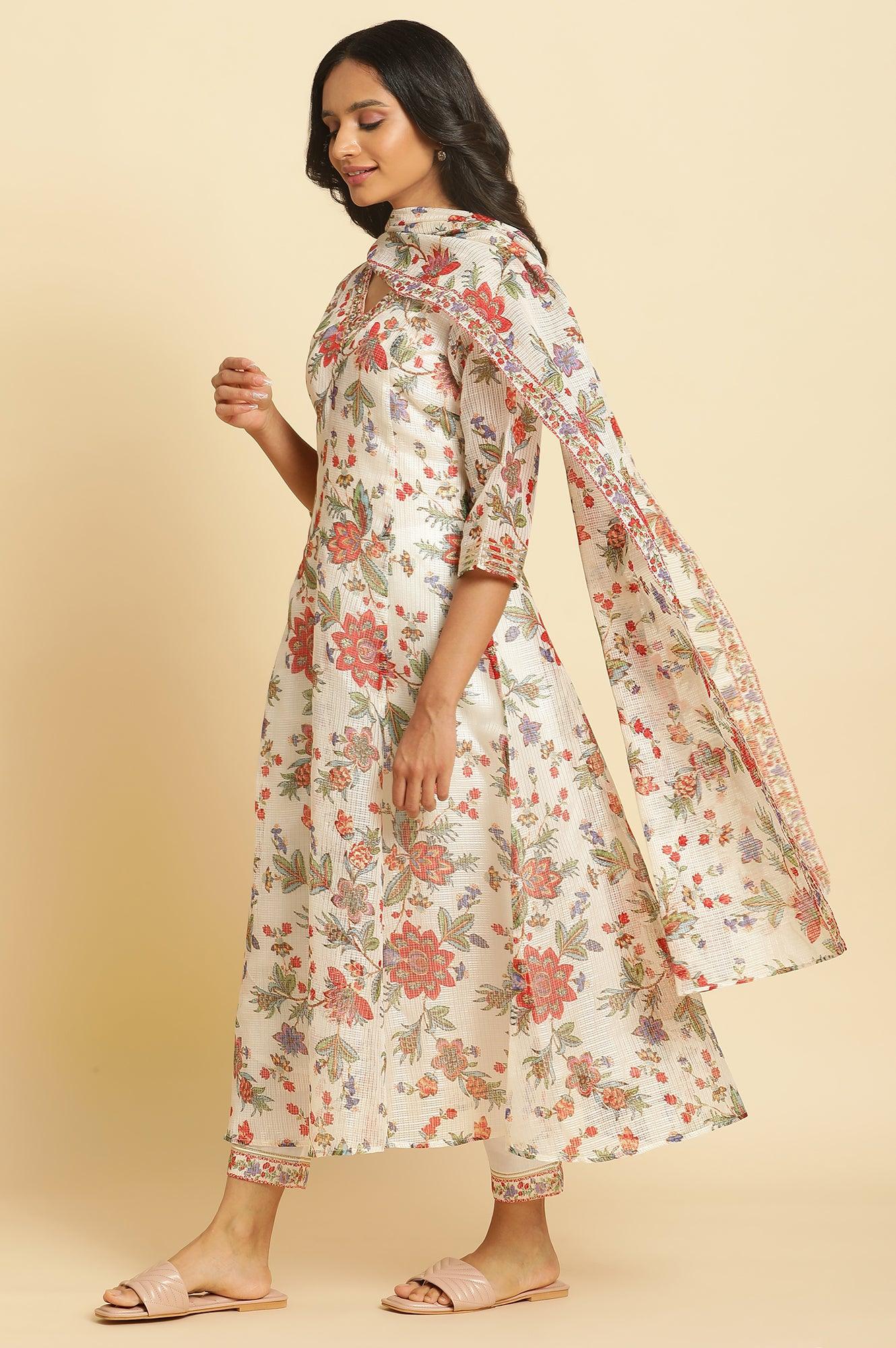 Ecru Printed Panelled Kurta, Pants And Dupatta Set - wforwoman