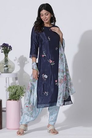Navy Blue Embroidered Festive Kurta, Printed Salwar With Dupatta Set - XS