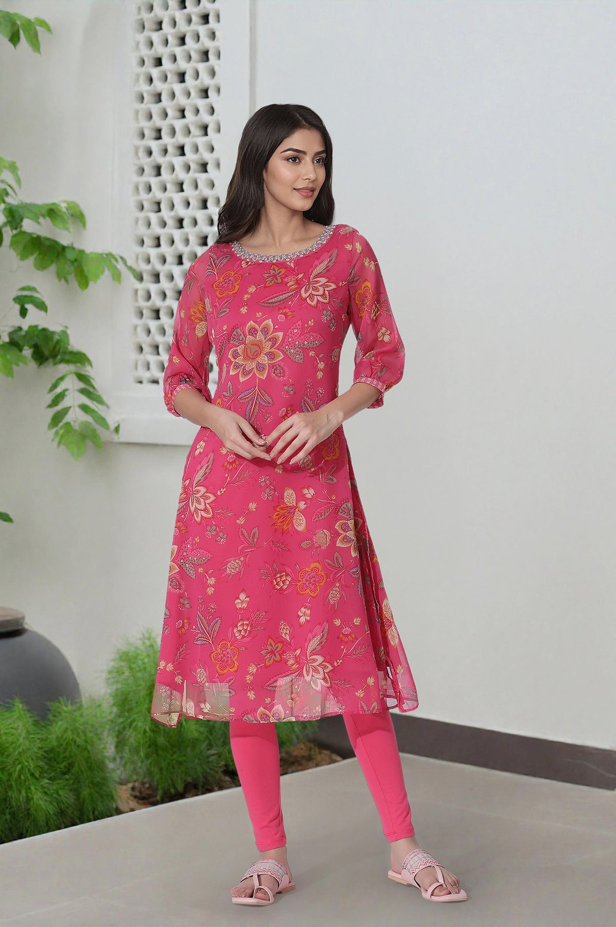 Pink Floral Printed Chiffon A-Line Kurta and Tights Set - XS