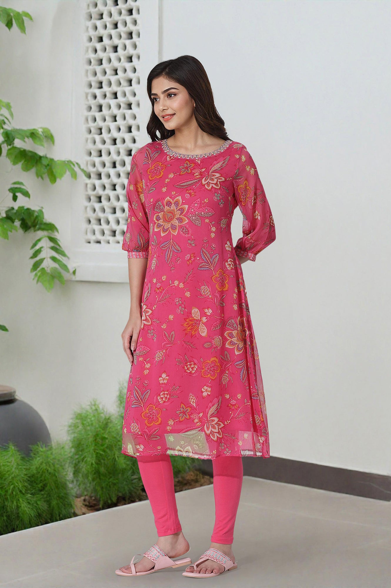 Pink Floral Printed Chiffon A-Line Kurta and Tights Set