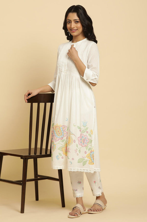 White Floral Printed Kurta and Pants Set