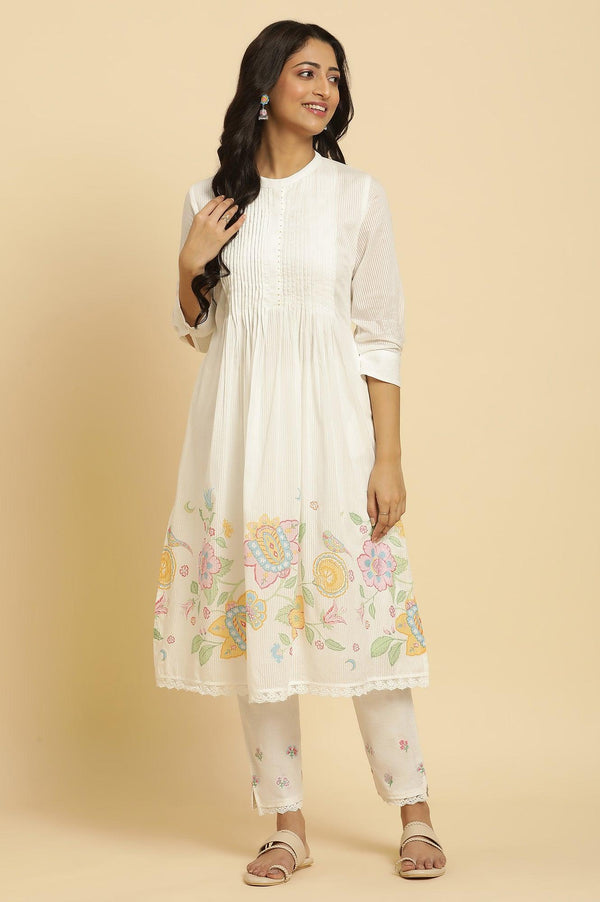 White Floral Printed Kurta and Pants Set
