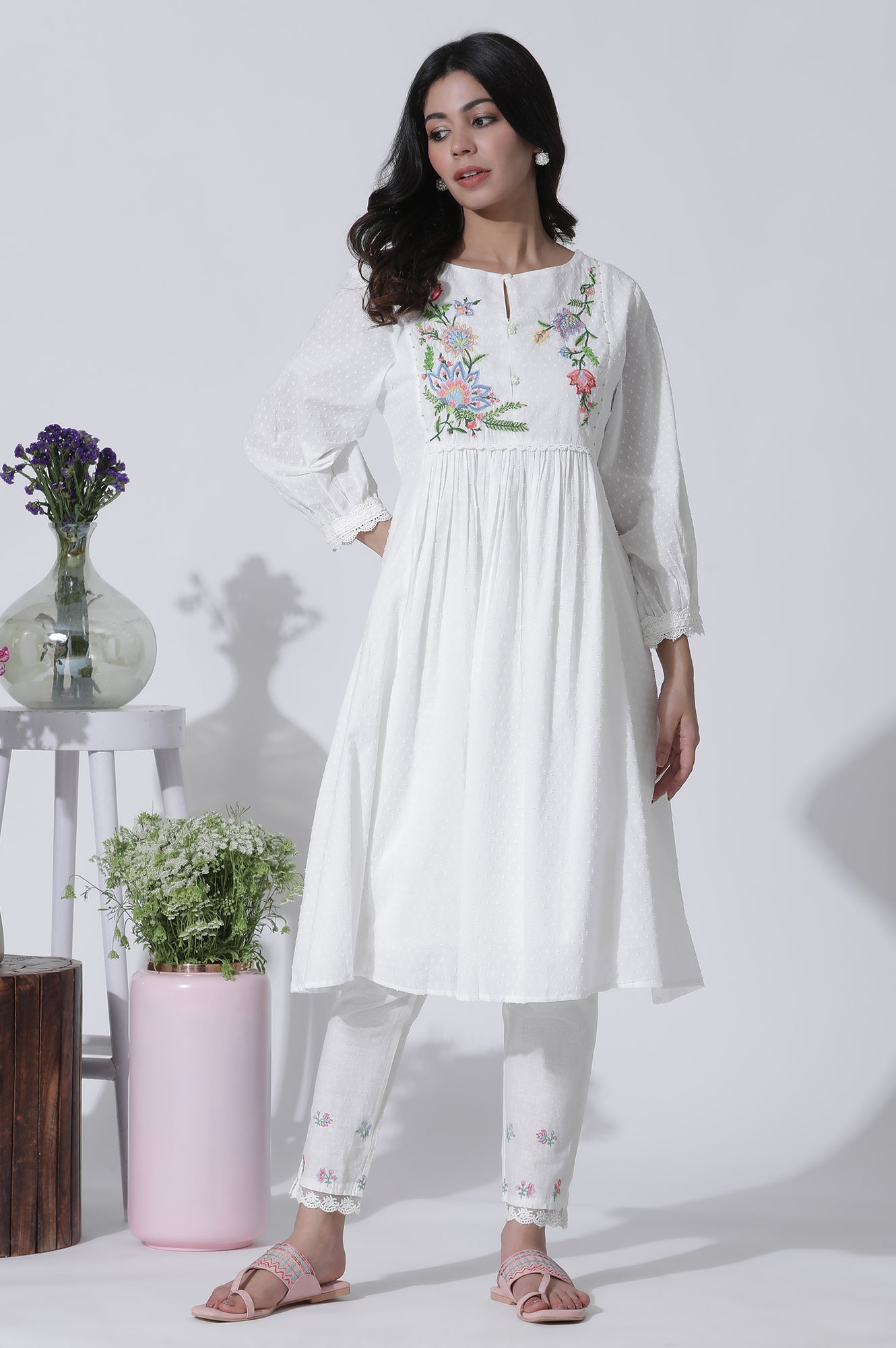 White Swiss Dot Embroidered Dress With Slim Pants Set