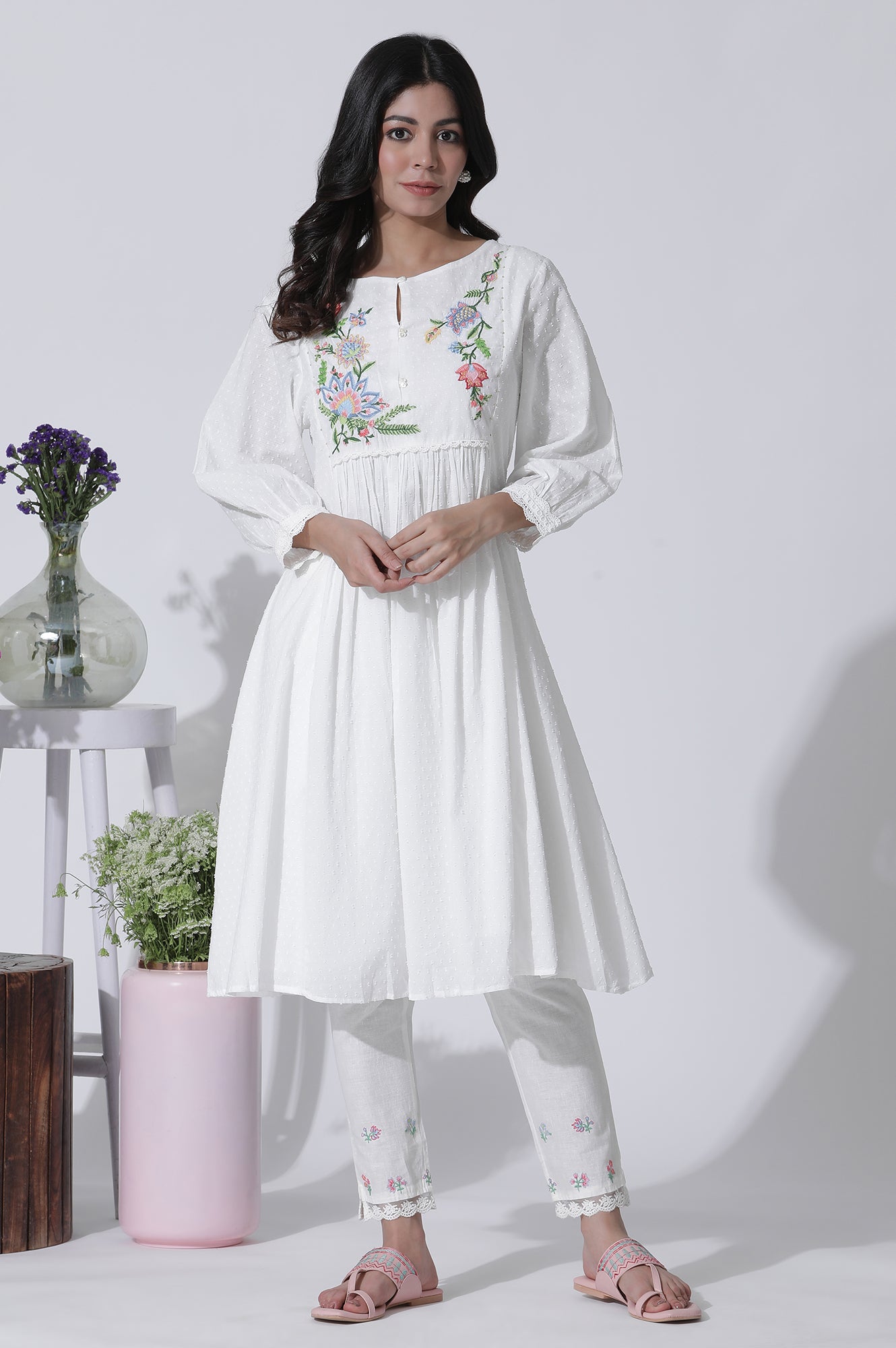 White Swiss Dot Embroidered Dress With Slim Pants Set