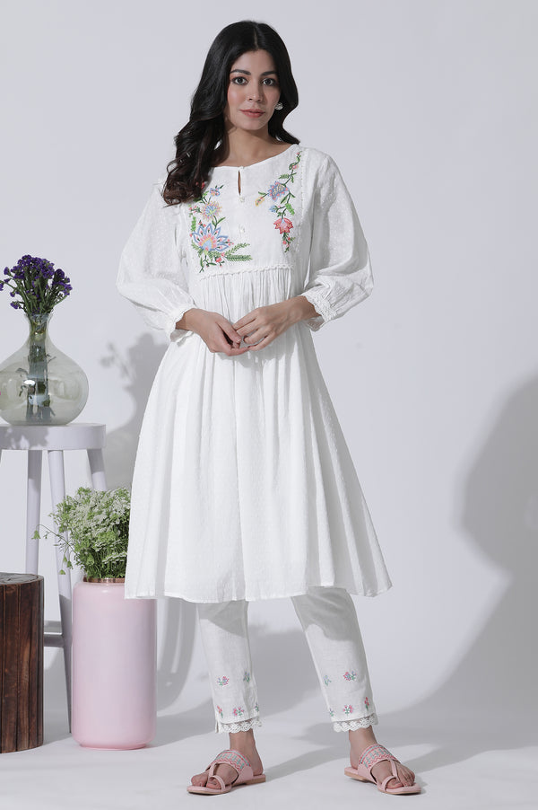 White Swiss Dot Embroidered Dress With Slim Pants Set