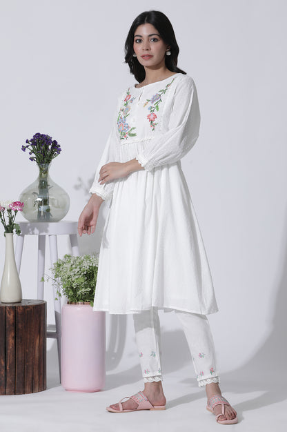 White Swiss Dot Embroidered Dress With Slim Pants Set