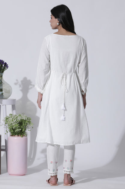 White Swiss Dot Embroidered Dress With Slim Pants Set