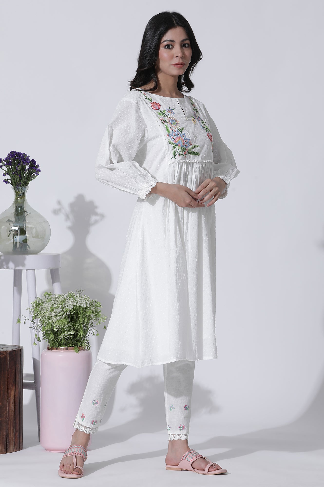 White Swiss Dot Embroidered Dress With Slim Pants Set