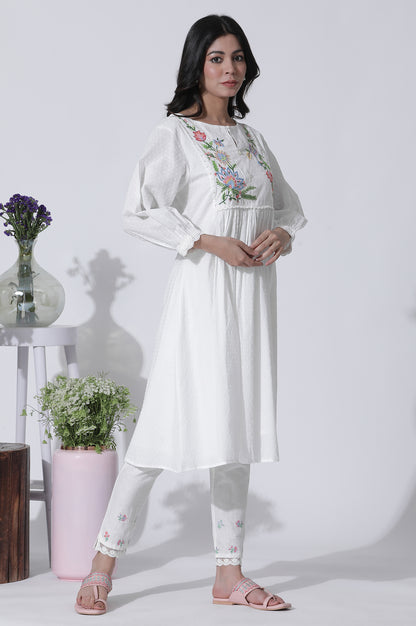 White Swiss Dot Embroidered Dress With Slim Pants Set