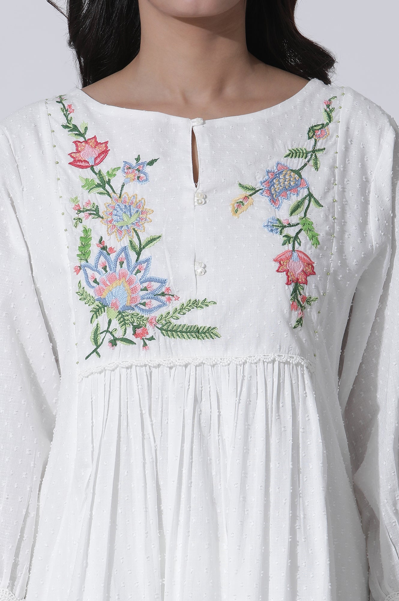 White Swiss Dot Embroidered Dress With Slim Pants Set