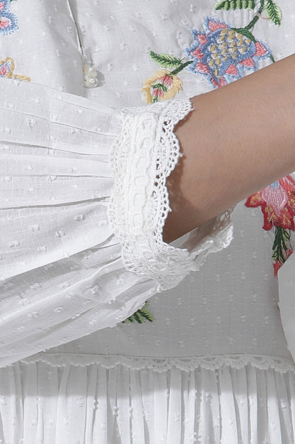 White Swiss Dot Embroidered Dress With Slim Pants Set