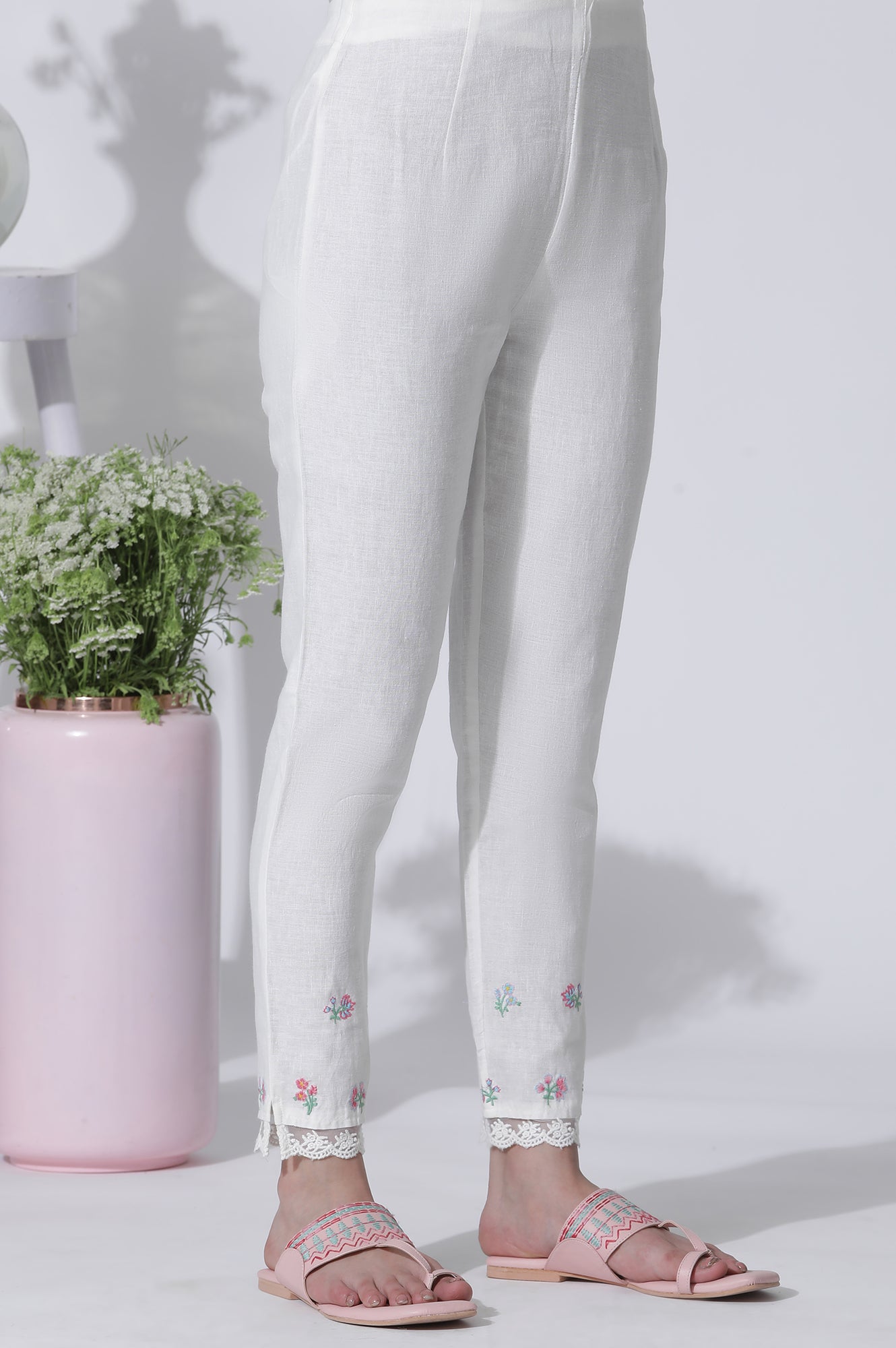 White Swiss Dot Embroidered Dress With Slim Pants Set