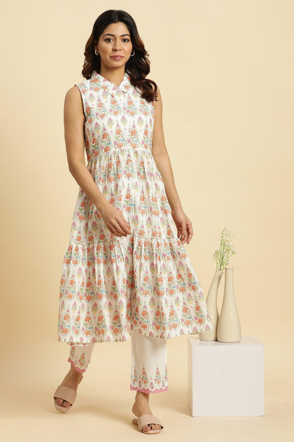 White Cotton Kurta In Multi-Coloured Print and Pants Set