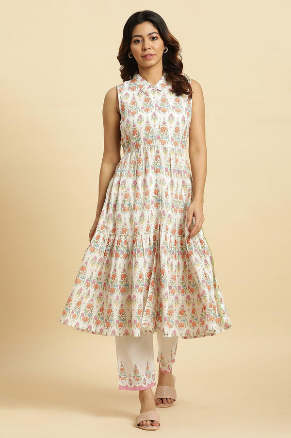 White Cotton Kurta In Multi-Coloured Print and Pants Set