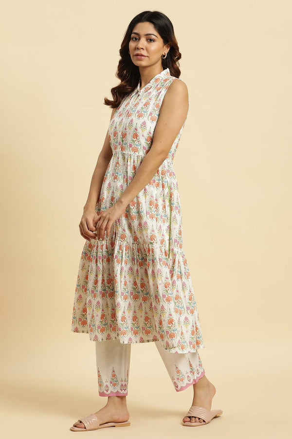 White Cotton Kurta In Multi-Coloured Print and Pants Set