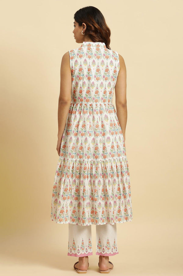 White Cotton Kurta In Multi-Coloured Print and Pants Set