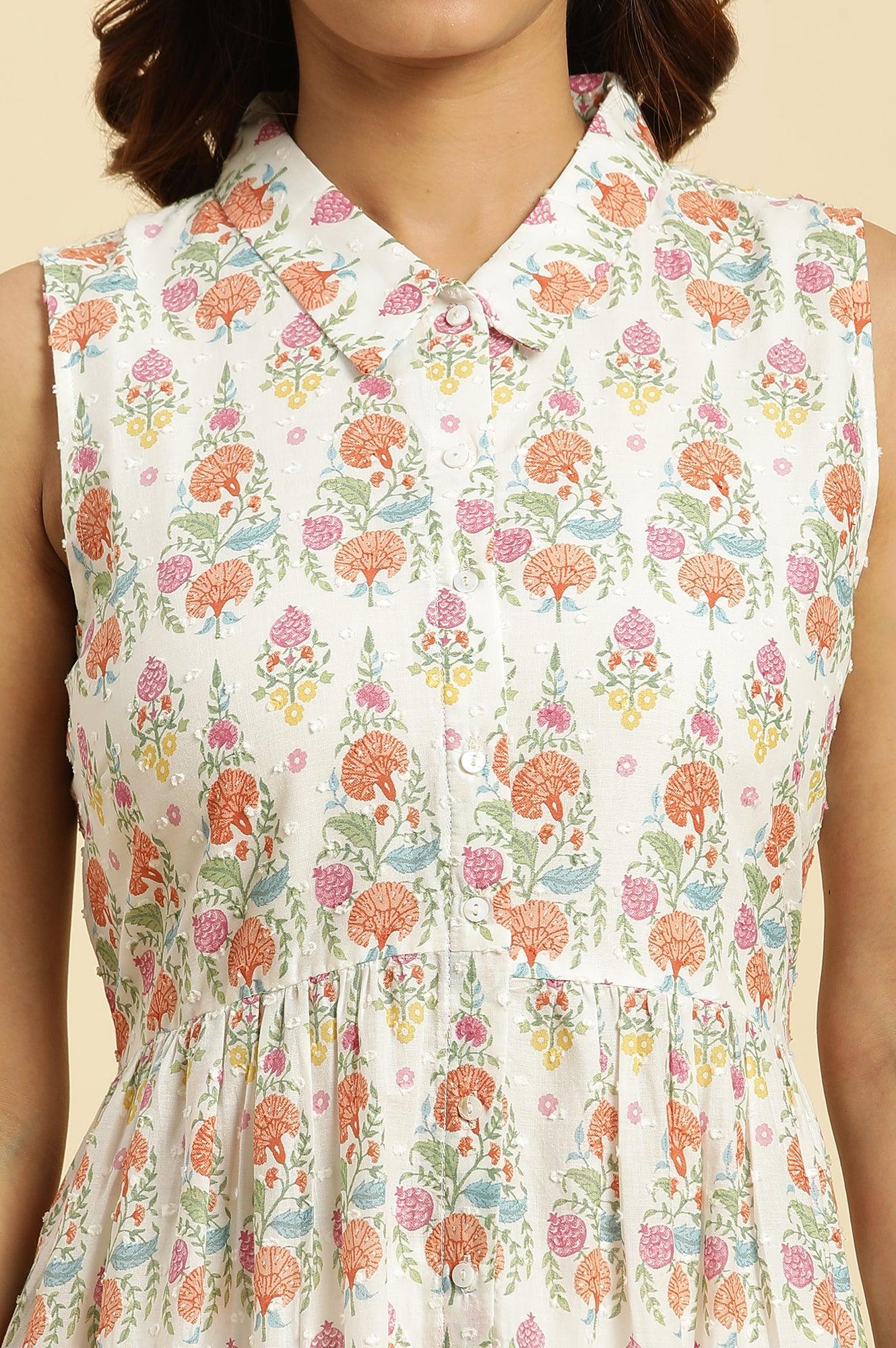 White Cotton Gathered Kurta In Multi-Coloured Print &amp; Pants Set - wforwoman