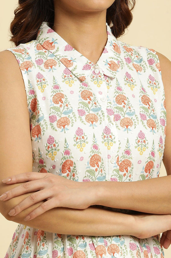 White Cotton Kurta In Multi-Coloured Print and Pants Set