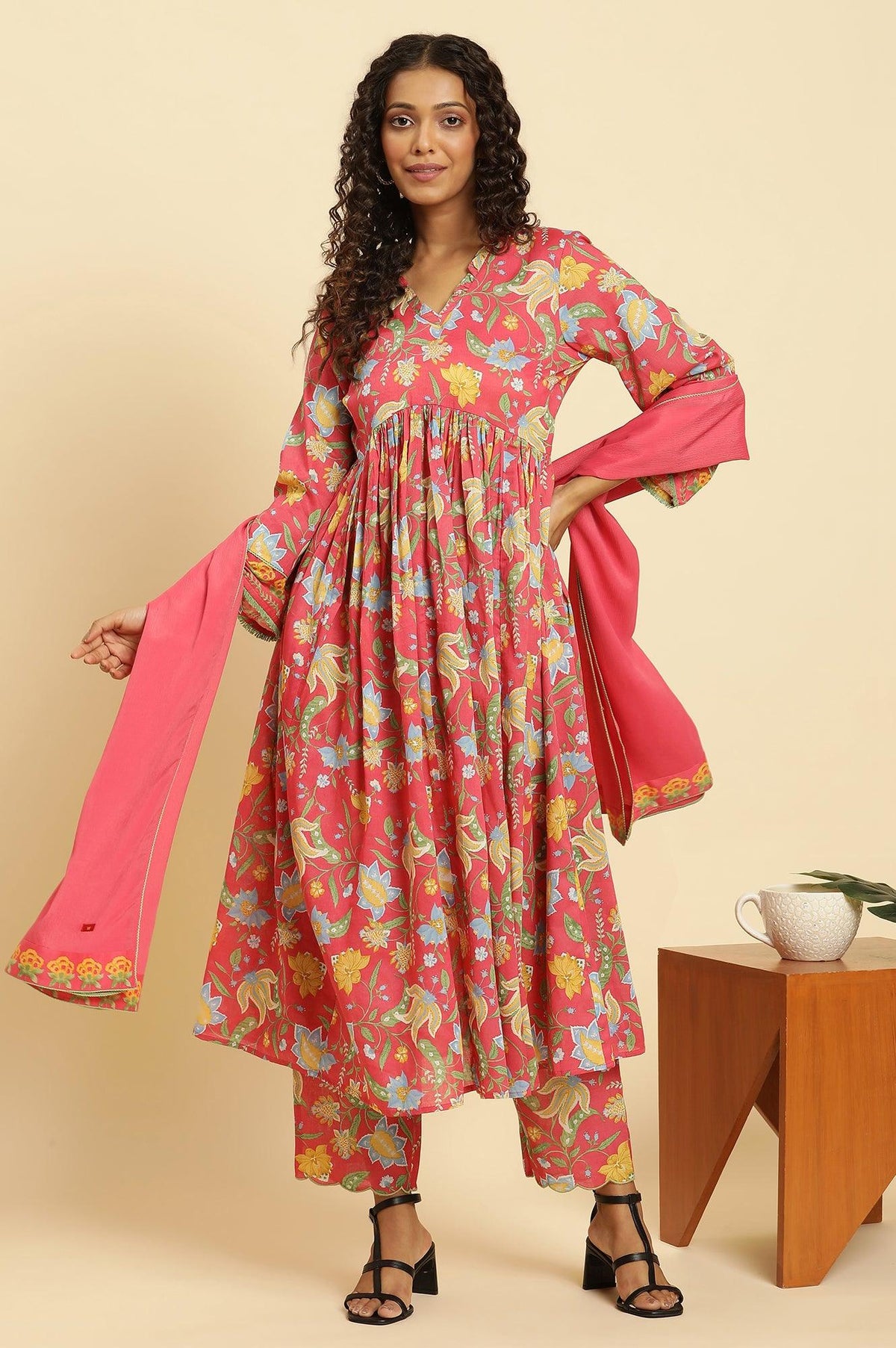 Red Chintz Gathered Kurta, Pants and Dupatta Set
