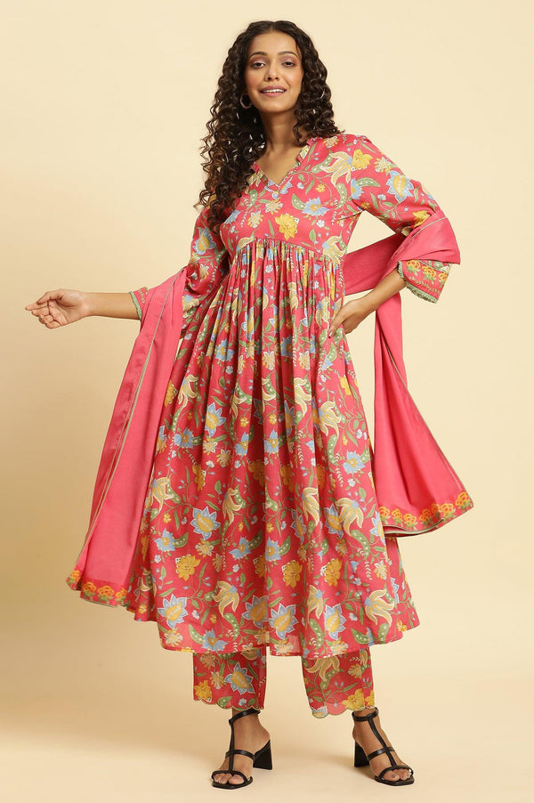 Red Chintz Gathered Kurta, Pants and Dupatta Set