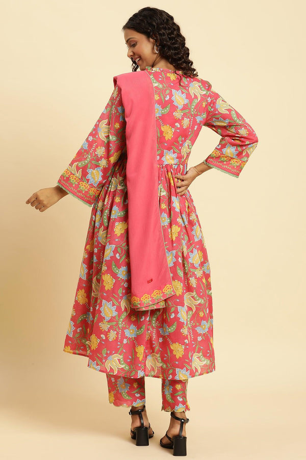 Red Chintz Gathered Kurta, Pants and Dupatta Set