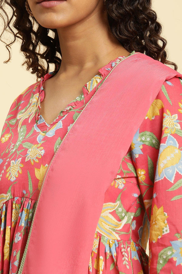 Red Chintz Gathered Kurta, Pants and Dupatta Set