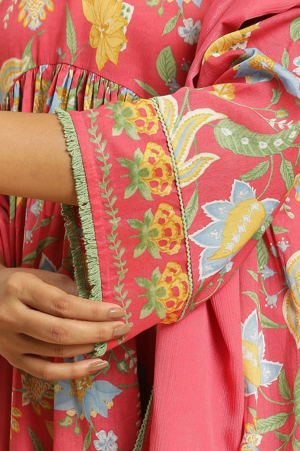 Red Chintz Gathered Kurta, Pants and Dupatta Set