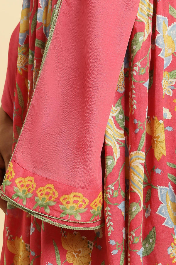 Red Chintz Gathered Kurta, Pants and Dupatta Set