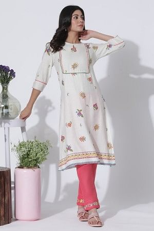 White Floral Printed Rayon Flax Kurta And Slim Pants Set - XS