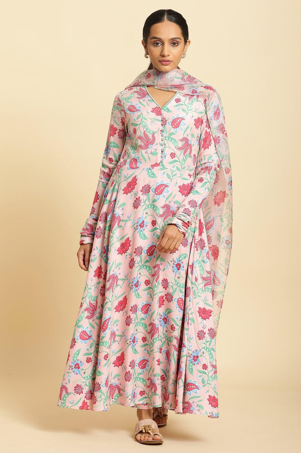 Flamingo Pink Floral Printed Anarkali Kurta, Pants And Dupatta Set - XS