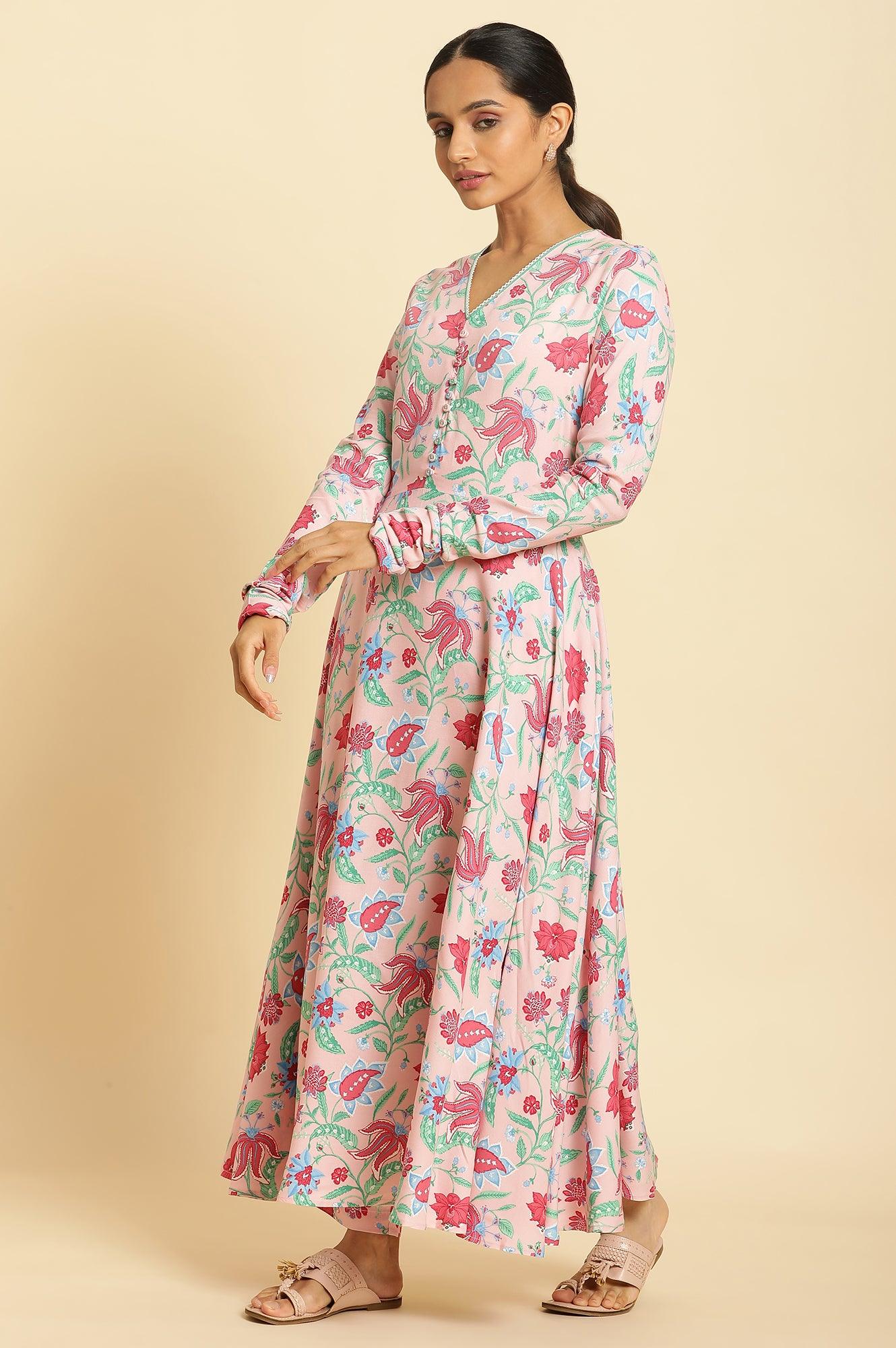 Flamingo Pink Floral Printed Anarkali Kurta, Pants And Dupatta Set - wforwoman