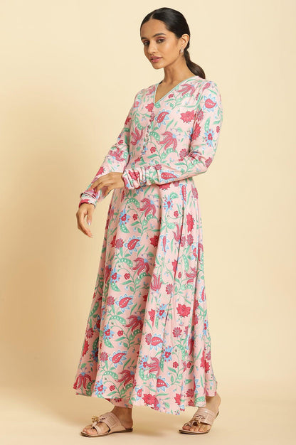 Flamingo Pink Floral Printed Anarkali Kurta, Pants And Dupatta Set - wforwoman