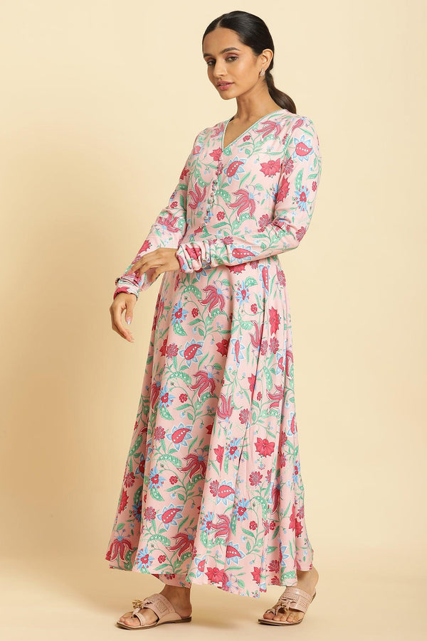 Flamingo Pink Floral Printed Anarkali Kurta, Pants And Dupatta Set